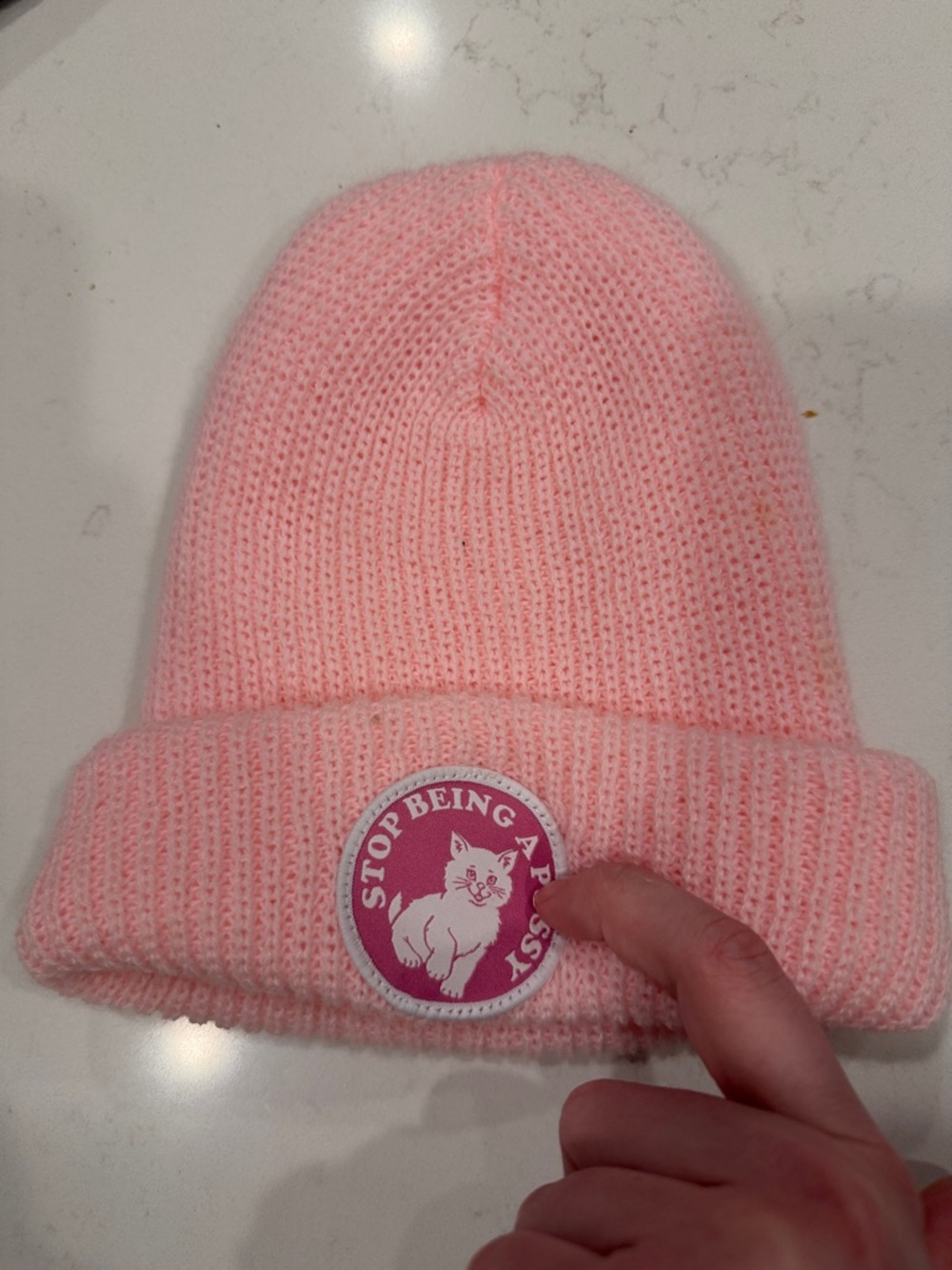 Rip N Dip Pink Knit Beanie Hat with Explicit Cat Patch